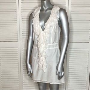 Vintage 2000s YOUNG FABULOUS & BROKE White Cotton Silk Ruffle Sleeveless Dress S